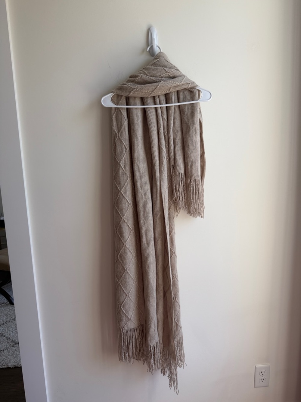 Beige Woven Fringe Blanket Scarf